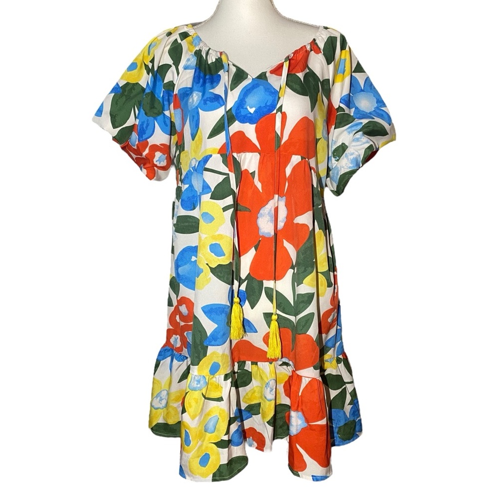 Umgee Women's Medium Bubble Sleeve Floral Mini‎ Tiered Ruffle Dress Tassels